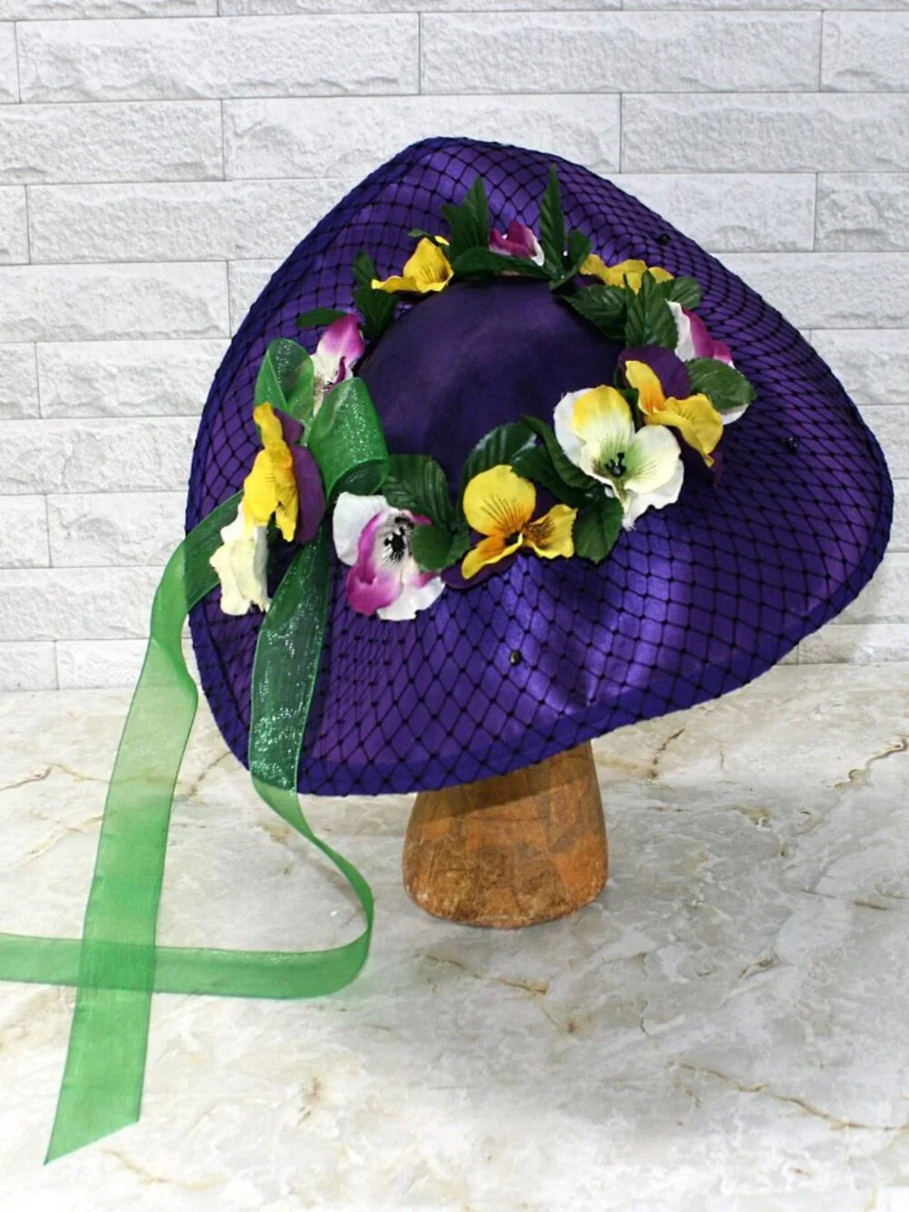 VINTAGE Hat Pansy Easter Upcycled Floral Purple Yellow Spring Wide Brim